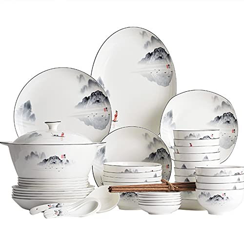 Wyxy 60-teiliges Geschirr, Fine Bone China Porzellan Dinner Set für 12 Personen, Luxus Style Jingdezhen High-End Bone China LandschaftsmusterEssgeschirr Set von Wyxy