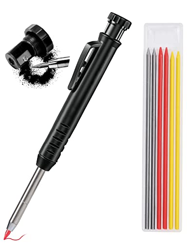 Wzone Tieflochmarker Schwarz mit Minen Markierungsstift Tischler Bleistift Baustift Ölhaltiger mit Anspitzer Baustellen Stift DIY Tiefloch Markierwerkzeug auf Holz Metall Betonfliesen von Wzone