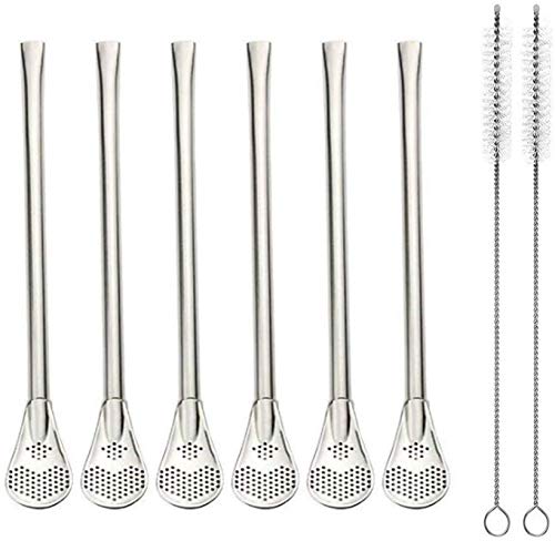 Wzong Wiederverwendbare Trinkhalme aus Edelstahl mit Filterlöffel 6 Stück Yerba Mate Tee Bombilla Trinkhalme mit 2 Stück Reinigungsbürsten Set, 18 cm lang von Wzong