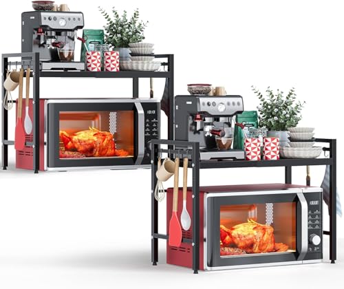 2 Stück Erweiterbares Mikrowellen Regal 2 Stufig, Regal über Mikrowelle, Mikrowellenständer für Arbeitsplatte, Küchenregal Stehend für Backofen/Kaffeemaschine, Microwave Stand mit 8 Haken, Schwarz von Wzyfv