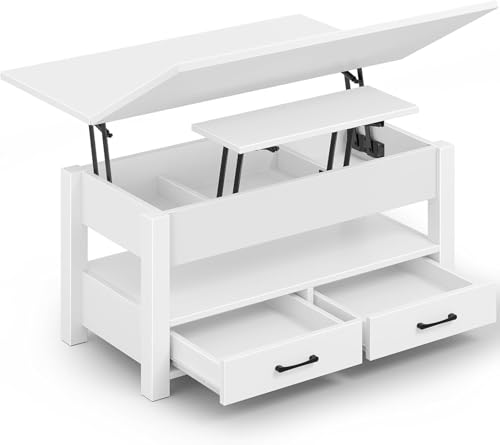 Couchtisch Höhenverstellbar, Wohnzimmertisch mit Schublade & verstecktem Fach, Kaffeetisch umwandelbar in Esstisch, 100 x 50 cm Sofatisch aus Holz, Weiß von Wzyfv