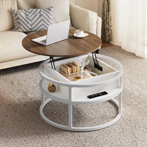 Couchtisch Rund mit Hebeplatte, Wohnzimmertisch mit verstecktem Ablagefach, Beistelltisch Rund mit Stauraum für Home Office, Runder Mitteltische Wohnzimmer, Weiße Eiche Couchtisch Rund mit Hebeplatte, Wohnzimmertisch mit verstecktem Ablagefach, Beistelltisch Rund mit Stauraum für Home Office, Runder Mitteltische Wohnzimmer, Weiße Eiche von Wzyfv