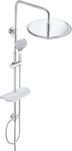 Edelstahl Regenduschset mit Duschstange Brausegarnitur, Duschsystem ohne Armatur mit Ablage Duschregal Chrom (Kopfbrause D30cm) von Wzyfv