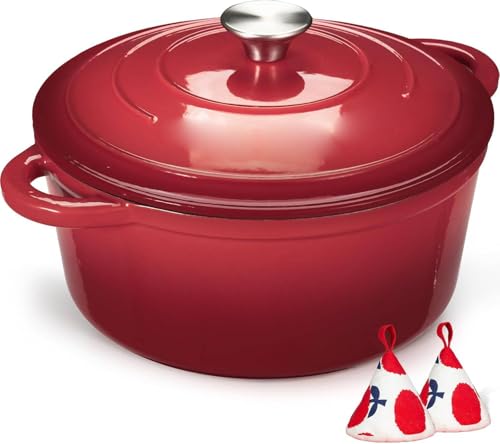 Schmortopf Gusseisen Topf 26cm - Emaille Bräter mit Deckel backofengeeignet - mit Kochbuch - für Küche Backen Schmoren Braten Rot von Wzyfv