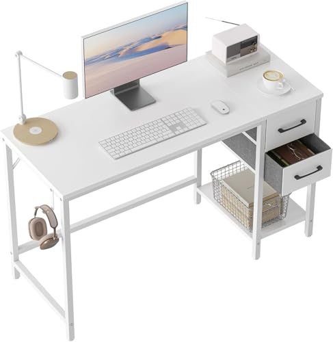 Schreibtisch 120×50×75cm, Computertisch, PC-Tisch, Bürotisch, mit 2 Schubladen auf der rechten oder linken Seite, fürs Büro, Wohnzimmer, Stahlgestell, Industrie-Design, Weiß von Wzyfv