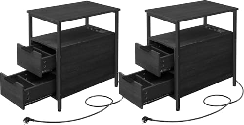 Wzyfv Beistelltisch, 2er Set, Nachttisch mit Steckdosenleiste, 2 Schubladen, Sofatisch, Nachtschrank für Wohnzimmer, Schlafzimmer, anthrazitgrau-klassikschwarz von Wzyfv