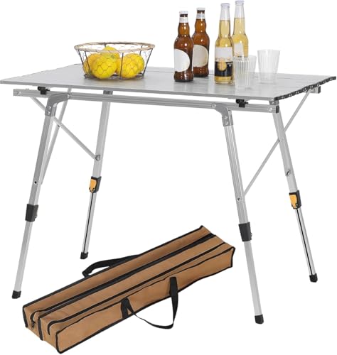 Wzyfv Campingtisch Klapptisch aus Alu Gartentisch Balkontisch Reisetisch mit Packtasche, Höhenverstellbar, 90x52.2X(45-69) cm Silber von Wzyfv