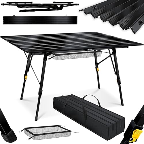 Wzyfv Campingtisch faltbar Klapptisch mit Aluminiumrahmen Aufrollbare Tischplatte Falttisch klappbar Höhenverstellung 120x70cm - bis 100kg inkl. Tragetasche mit Trageband & Netztasche, Schwarz von Wzyfv
