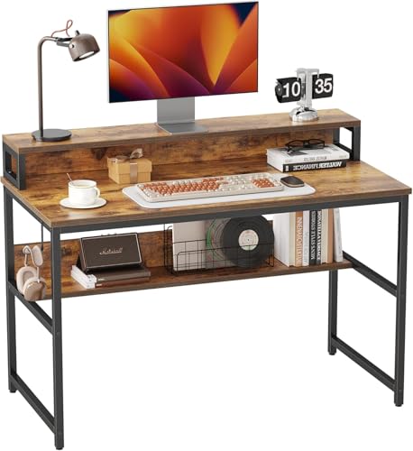 Wzyfv Computer-Schreibtisch für das Büro zu Hause, 119,4 cm, Kleiner mit Ablagefläche und Bücherregal, Studier-Schreibtisch im modernen, einfachen Stil, platzsparendes Design, Rustikal von Wzyfv