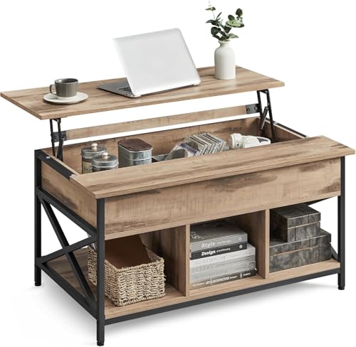 Wzyfv Couchtisch, höhenverstellbarer Wohnzimmertisch, Kaffeetisch, offener und versteckter Stauraum, X-Streben, 60 x 100 x (48-62) cm, Kamelbraun-schwarz von Wzyfv