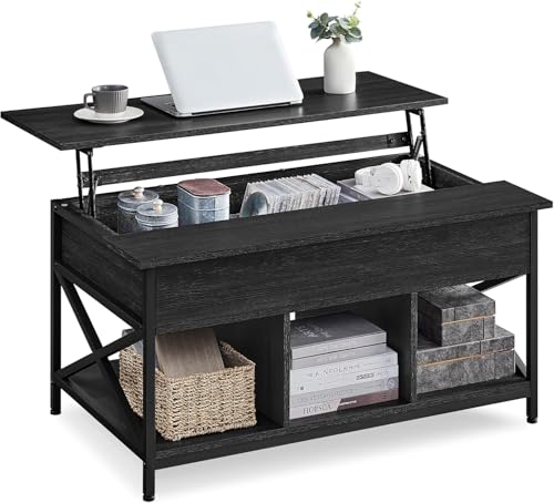 Wzyfv Couchtisch, höhenverstellbarer Wohnzimmertisch, Kaffeetisch, offener und versteckter Stauraum, X-Streben, 60 x 100 x (48-62) cm, anthrazitgrau-schwarz von Wzyfv