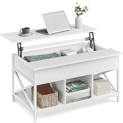 Wzyfv Couchtisch, höhenverstellbarer Wohnzimmertisch, Kaffeetisch, offener und versteckter Stauraum, X-Streben, 60 x 100 x (48-62) cm, schneeweiß-weiß von Wzyfv