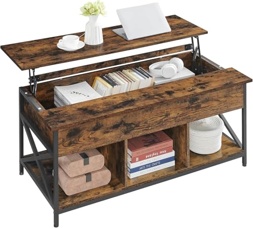 Wzyfv Couchtisch, höhenverstellbarer Wohnzimmertisch, Kaffeetisch, offener und versteckter Stauraum, X-Streben, 60 x 120 x (48-62) cm, vintagebraun-schwarz von Wzyfv