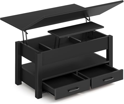 Wzyfv Couchtisch Höhenverstellbar, Wohnzimmertisch mit Schublade & verstecktem Fach, Kaffeetisch umwandelbar in Esstisch, 100 x 50 cm Sofatisch aus Holz, schwarz von Wzyfv