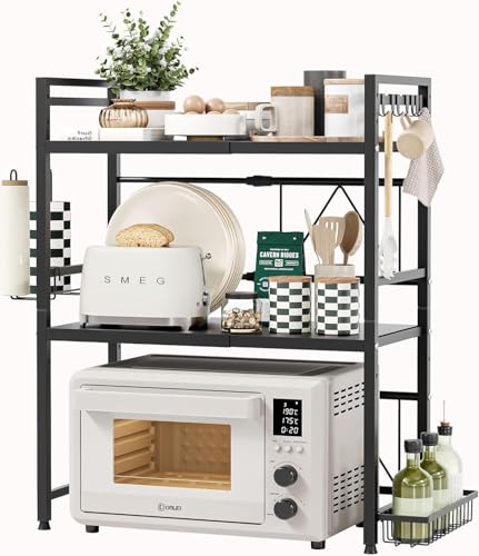 Wzyfv Erweiterbares Mikrowellen Regal 3-stufiges Mikrowellenständer Organizer küchenregal stehend für arbeitsplatte Bäckerregale mit Papierhandtuchhalter und Gewürzregal, schwarz, Ausziehbar 40-60cm von Wzyfv