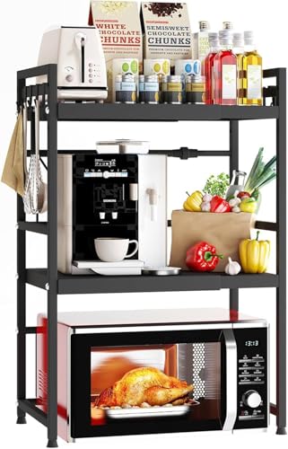 Wzyfv Mikrowellenregal, 3-Stufig Küchen Mikrowellenständer, Mikrowellenhalter aus Kohlenstoffstahl für die Arbeitsplatte, Küchen-Aufbewahrung Organizer mit 8 Haken, Schwarz von Wzyfv