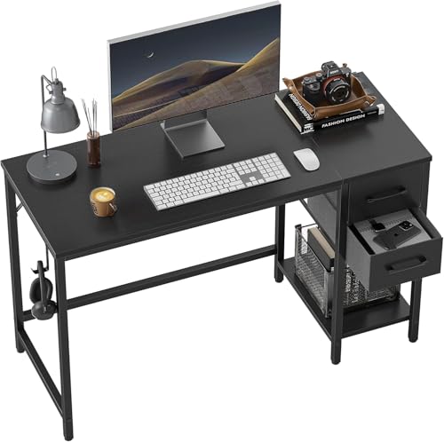 Wzyfv Schreibtisch 120×50×75cm, Computertisch, PC-Tisch, Bürotisch, mit 2 Schubladen auf der rechten oder linken Seite, fürs Büro, Wohnzimmer, Stahlgestell, Industrie-Design, Schwarz von Wzyfv