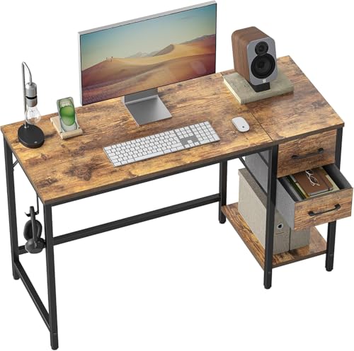 Wzyfv Schreibtisch 120×50×75cm, Computertisch, PC-Tisch, Bürotisch, mit 2 Schubladen auf der rechten oder linken Seite, fürs Büro, Wohnzimmer, Stahlgestell, Industrie-Design, Vintagebraun von Wzyfv
