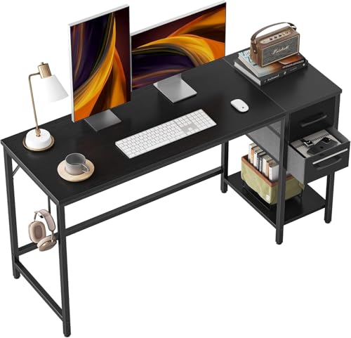 Wzyfv Schreibtisch 140×50×75cm, Computertisch, Bürotisch, mit 2 Schubladen auf der rechten oder linken Seite, fürs Büro, Wohnzimmer, Stahlgestell, Industrie-Design, Schwarz von Wzyfv