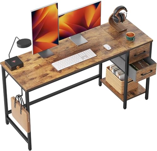 Wzyfv Schreibtisch 140×50×75cm, Computertisch, Bürotisch, mit 2 Schubladen auf der rechten oder linken Seite, fürs Büro, Wohnzimmer, Stahlgestell, Industrie-Design, Vintagebraun von Wzyfv