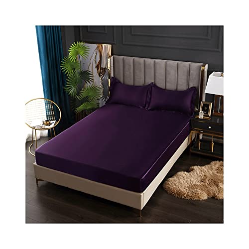 Satin Seide Spannbetttuch 120/150/180x200cm Plain Dyed Satin-Bettwäsche Seide Bettlaken Rutschfester Satin Fitted Sheet for bis 25cm Matraze (Color : Dark Purple, Size : 120x200+25cm) von Wzywai