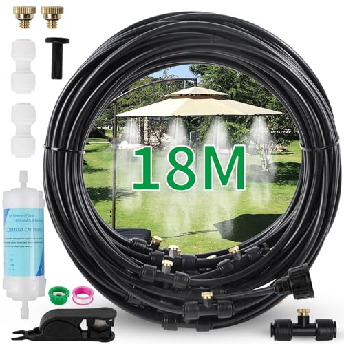 Wzzy Gurden Outdoor Misting System Sprühnebel Kühlung Terrasse(18M) mit Wasserfilter - Nebelsystem Linie 20 Messing-Nebeldüsen Messingadapter (3/4") Terrassennebel zum Kühlen von Außengewächshaus von Wzzy Gurden