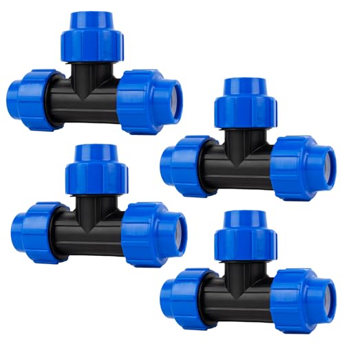 Wzzy Gurden T-Stück PE Rohr Fitting 25mm x 25mm x 25 mm Verschraubung PN16 DVGW Trinkwasser Zertifiziert - 4er-Pack, t stück für wasserleitung für PE80 PE100 Rohre, für Wasserversorgung von Wzzy Gurden