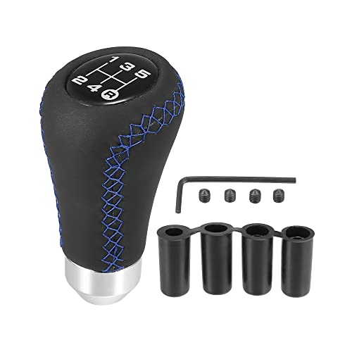 X AUTOHAUX Auto Schaltknauf 5 Gang Schwarz aus PU Leder mit Blau Stichen von X AUTOHAUX
