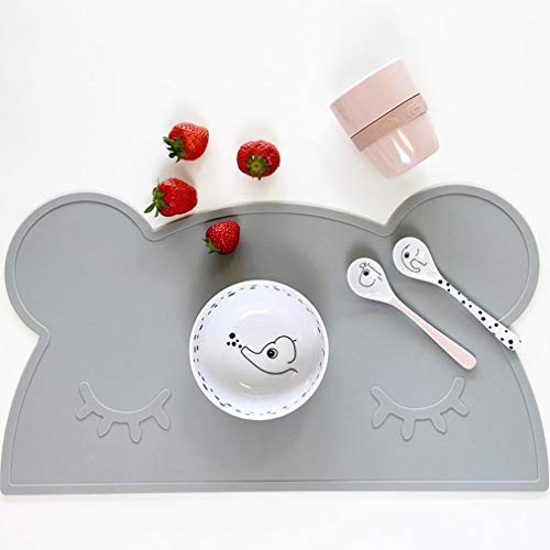 X-Labor Baby Kinder Tischset Platzset Bär Silikon Wasserdicht Rutschfest Abwaschbar Babyplatte Platzmatte Platzdecken 46x28cm grau von X-Labor