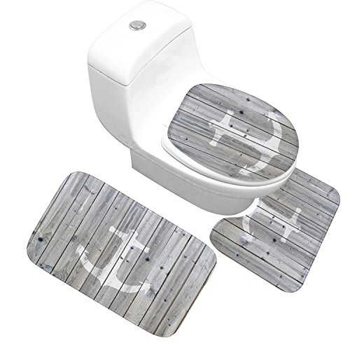 X-Life 3 Teilig Badematte Set im Ankermotiv Mikrofaserflanell Badezimmer Teppich rutschfest Badvorleger WC Vorleger mit Ausschnitt Toilettensitzabdeckung 50x80 cm von X-Life