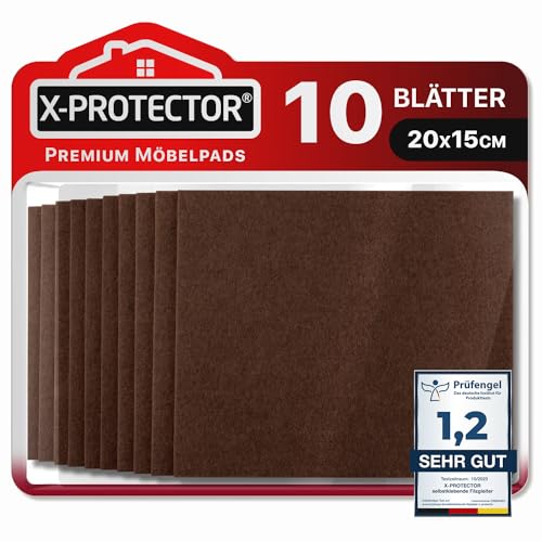 X-Protector Filzgleiter 10 Stück 20 x 15 x 0.5 cm - Prämie Möbelgleiter Braun - Filz Selbstklebend - Bodenschoner für Stühle - Große Menge an Filzgleiter Selbstklebend - Schützen Sie Ihre Böden von X-Protector