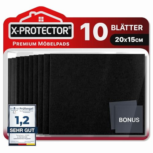 X-Protector Filzgleiter 10 Stück 20 x 15 x 0.5 cm - Prämie Möbelgleiter Schwarz - Filz Selbstklebend - Bodenschoner für Stühle - Große Menge an Filzgleiter Selbstklebend - Schützen Sie Ihre Böden von X-Protector