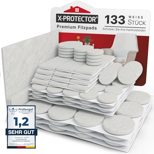 X-Protector Filzgleiter 133 Stück - Prämie Möbelgleiter Weiß - Dicker Filz Selbstklebend - Bodenschoner für Stühle - Große Menge an Filzgleiter Selbstklebend - Schützen Sie Ihre Holzfußböden von X-Protector