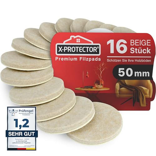 X-Protector Filzgleiter 16 Stück 50 mm - Prämie Möbelgleiter Beige - Dicker Filz Selbstklebend - Bodenschoner für Stühle - Große Menge an Filzgleiter Selbstklebend - Schützen Sie Ihre Holzfußböden von X-Protector