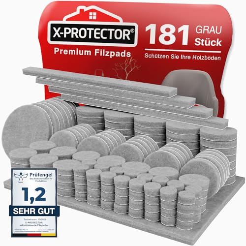 X-Protector Filzgleiter 181 Stück - Prämie Möbelgleiter Grau - Dicker Filz Selbstklebend - Bodenschoner für Stühle - Große Menge an Filzgleiter Selbstklebend - Schützen Sie Ihre Holzfußböden von X-Protector
