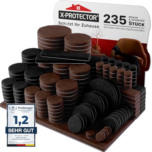 X-Protector Filzgleiter 235 Stück - Möbelgleiter Braun & Schwarz - Dicker Filz Selbstklebend - Bodenschoner für Stühle - Große Menge an Filzgleiter Selbstklebend - Schützen Sie Ihre Holzfußböden von X-Protector