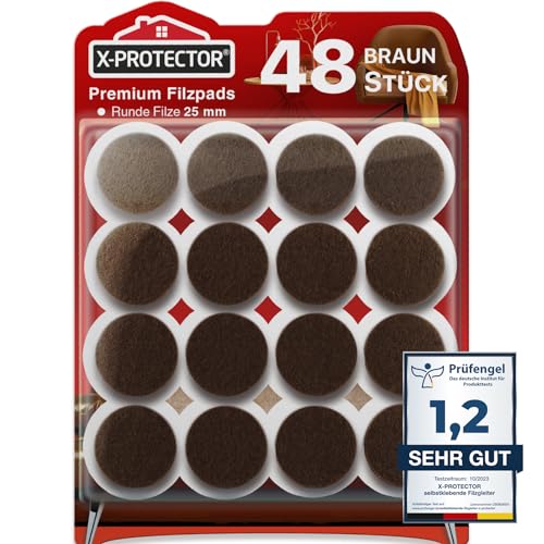 X-Protector Filzgleiter 48 Stück 25 mm - Prämie Möbelgleiter Braun - Dicker Filz Selbstklebend - Bodenschoner für Stühle - Große Menge an Filzgleiter Selbstklebend - Schützen Sie Ihre Holzfußböden! von X-Protector