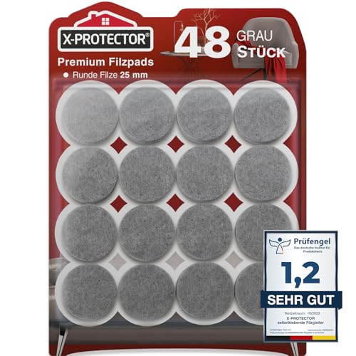 X-Protector Filzgleiter 48 Stück 25 mm - Prämie Möbelgleiter Grau - Dicker Filz Selbstklebend - Bodenschoner für Stühle - Große Menge an Filzgleiter Selbstklebend - Schützen Sie Ihre Holzfußböden! von X-Protector