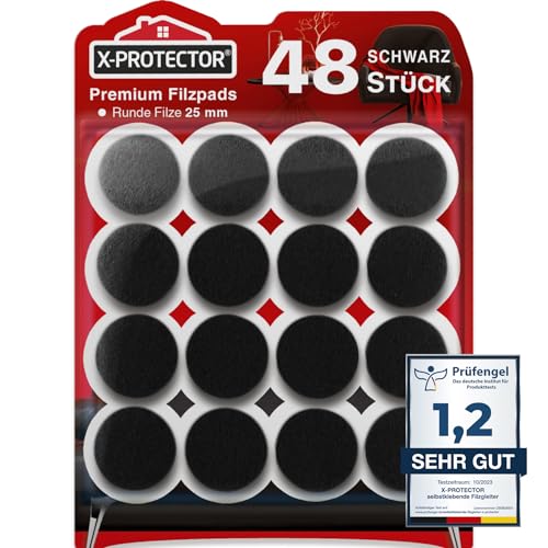 X-Protector Filzgleiter 48 Stück 25 mm - Prämie Möbelgleiter Schwarz - Dicker Filz Selbstklebend - Bodenschoner für Stühle - Große Menge an Filzgleiter Selbstklebend - Schützen Sie Ihre Holzfußböden! von X-Protector