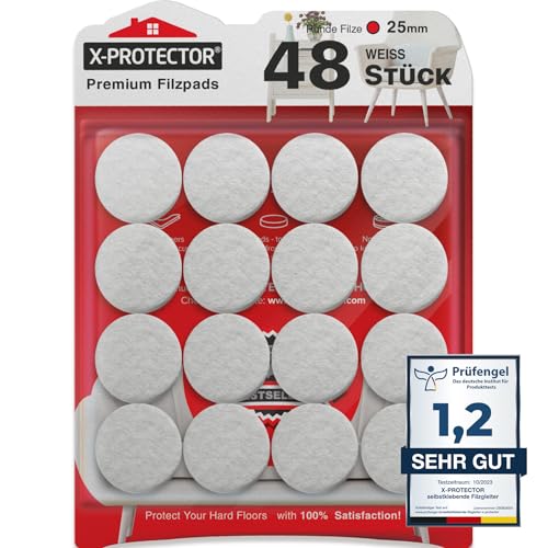 X-Protector Filzgleiter 48 Stück 25 mm - Prämie Möbelgleiter Weiß - Dicker Filz Selbstklebend - Bodenschoner für Stühle - Große Menge an Filzgleiter Selbstklebend - Schützen Sie Ihre Holzfußböden! von X-Protector