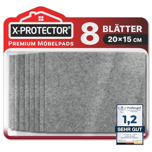 X-Protector Filzgleiter 8 Stück 20 x 15 x 0.5 cm - Prämie Möbelgleiter Grau - Filz Selbstklebend - Bodenschoner für Stühle - Große Menge an Filzgleiter Selbstklebend - Schützen Sie Ihre Böden von X-Protector
