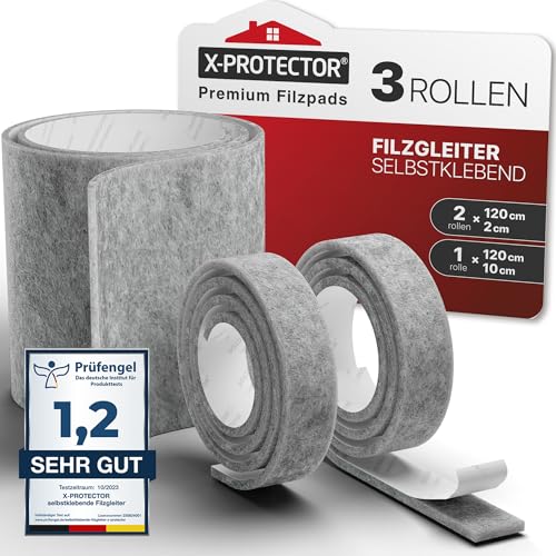 X-Protector Filzgleiter Selbstklebend 3 Rollen - 120 x 10cm (1) & 120 x 2cm (2) - Möbelgleiter Grau - Filz Selbstklebend - Bodenschoner für Stühle - Filzgleiter für Stühle von X-Protector