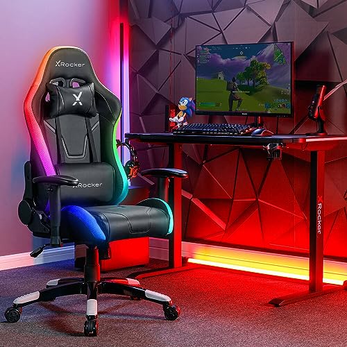 X Rocker Agility Compact Esports LED Gaming Bürodrehstuhl für Kinder & Teenager, Racing Computerstuhl mit Lichtern, Drehstuhl mit Kopfstütze und Lordosenstützkissen, höhenverstellbar – Schwarz von X Rocker