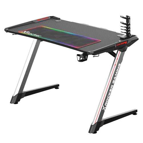 X-Rocker Lynx Gaming Tisch mit LED 120 x 60 cm, Gaming Schreibtisch Y-Frame, Ergonomischer Gamer PC Tisch mit Getränkehalter, Kopfhörerhaken, Stabiler Computertisch, Schwarz von X Rocker