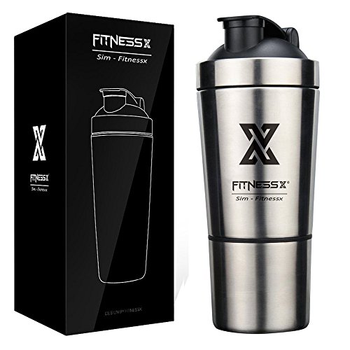 X SIM FITNESSX 591ml+200ml Eiweiss Protein Shaker mit Pulverfach Edelstahl Shaker Eiweiß Becher mit Siebeinsatz für Sport Fitness von X SIM FITNESSX