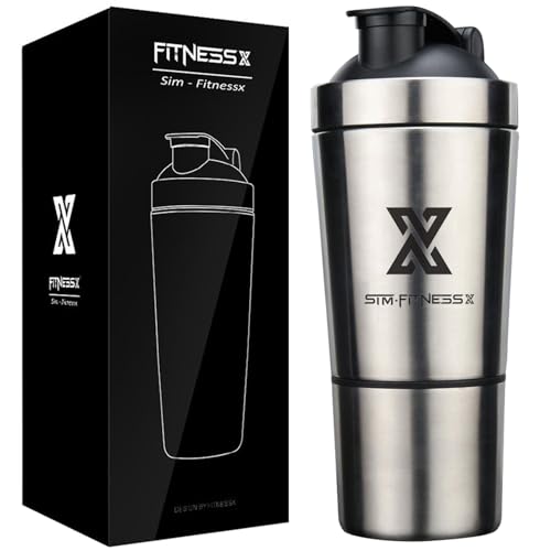 X SIM FITNESSX 600+200ml Sport Fitness Edelstahl Protein Shaker Eiweiß | eiweiss Proteinshake Bottle von X SIM FITNESSX