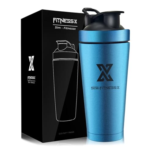 X SIM FITNESSX 700ml Edelstahl Protein Shaker Sport Fitness Shaker Eiweiß | Protein Eeiweiß Shaker Becher mit Kugel (VACUMM) (Blau) von X SIM FITNESSX