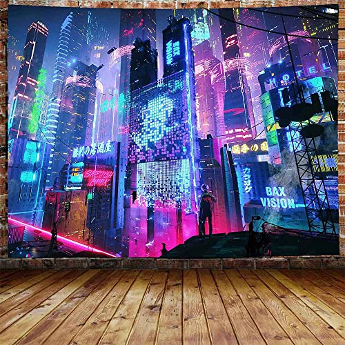 XSISTER PunkStadtbild Wandteppich Japan Nachtansicht Stadt Futuristisch Neon Wolkenkratzer Wandbehang Tokyo City Wandteppiche 203 × 152 cm für Schlafzimmer Wohnheim Wohnheim Wohnung Tapisserie von X-SISTER