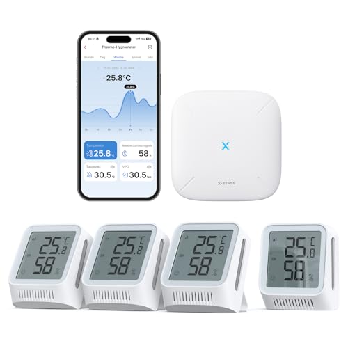 X-Sense WLAN Hygrometer Thermometer Innen mit LCD-Display, Temperatur- und Luftfeuchtigkeitsüberwachung per App, Smiley-Indikator, kompatibel mit Alexa, 4 Sensoren und Basisstation SBS50, STH0A41 X-Sense WLAN Hygrometer Thermometer Innen mit LCD-Display, Temperatur- und Luftfeuchtigkeitsüberwachung per App, Smiley-Indikator, kompatibel mit Alexa, 4 Sensoren und Basisstation SBS50, STH0A41 von X-Sense
