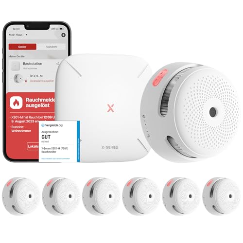 X-Sense Smart Rauchmelder XS01-M mit SBS50 Basisstation, Zertifiziert nach EN 14604, Funkrauchmelder mit WLAN, vernetzbarer Feuermelder, kompatibel mit der X-Sense Home Security App, FS61, 6 Stück von X-Sense